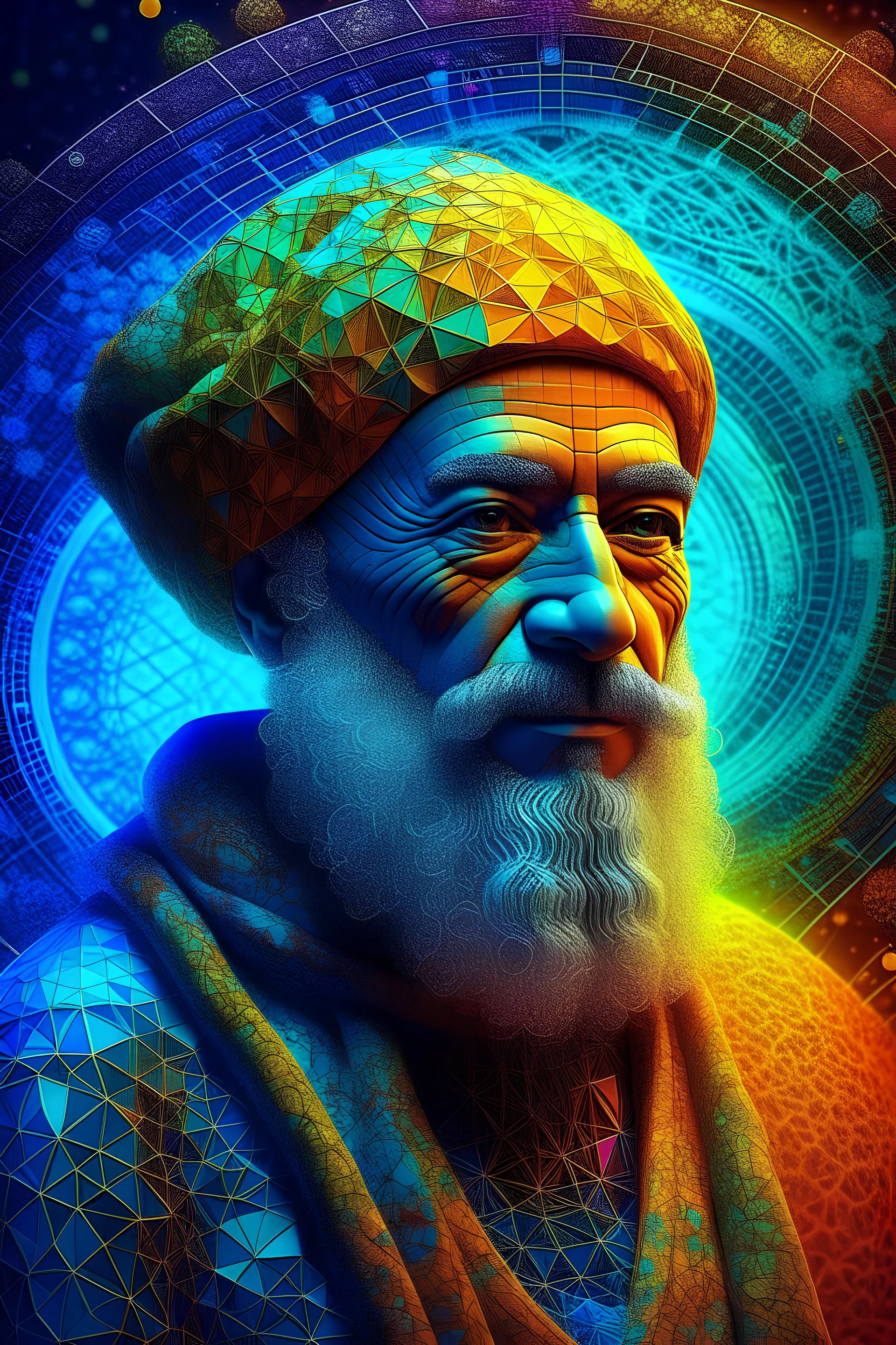 A stunning 4K 3D portrait of the Muslim mathematician, astronomer and geographer Al-Khwarazmi, intricately designed using mathematical formulas on a mathematics background. The artwork is a masterpiece with double exposure, vibrant colors, and exquisite detail, radiating a majestic and legendary aura. Epic, Colorful, Sublime, Gentle Radiance, High Detail Detail, Sunshine, Ultra Clear Quality, Super Unreal, Ultra Clear Picture, Super Disturbing, Ultra Clear, Ultra Clear Details Highly detai