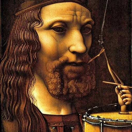 leonardo da vinci, crazy, playing drums, steampunk, art nouveau,