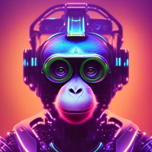 A beautiful portrait of a cyborg monkey purple neon color scheme, high key lighting, volumetric light high details psychedelic background