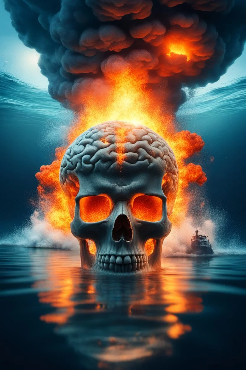 an explosions in side crystal human skull brain and huge fire behind a nuclear submarine under the water ocean water in all the picture and the on the background