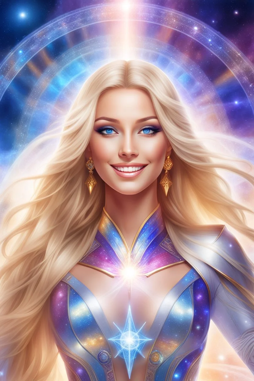 cosmic woman smile,beautiful ufos rainbow, admiral from the future, galactic confédération, fine whole face, crystalline skin, expressive blue eyes,rainbow, smiling lips, very nice smile, costume pleiadian, Beautiful tall woman pleiadian Galactic commander, ship, perfect datailed golden galactic suit, high rank, long blond hair, hand whit five perfect detailed finger, amazing big blue eyes, smilling mouth, high drfinition lips, cosmic happiness, bright colors, blue, pink, gold, jewels, realist,