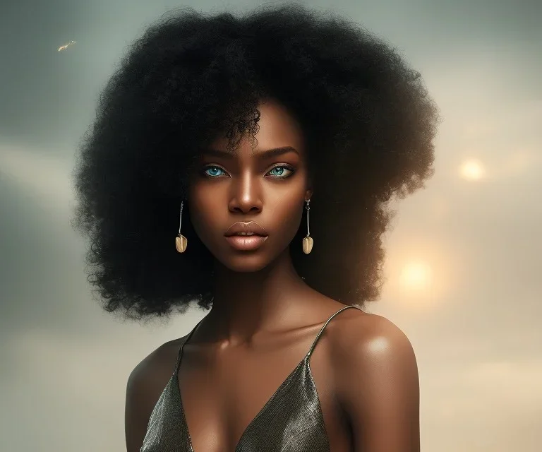 A black woman with long hair, fantasy setting, ethereal, soft lighting, curly hair, amber eyes, matching eye color, type 4a hair, shoulder length hair