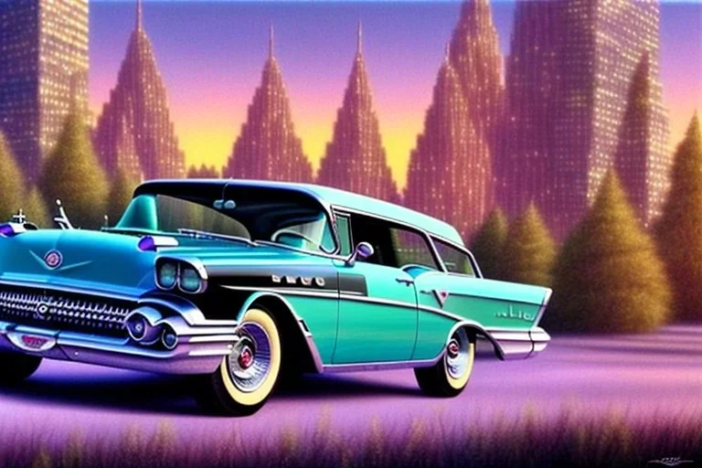 a true-to-life 1957 buick century caballero wagon, centered, intricate, extreme detailed, photorealism, center view, city background, pivot on buick, pen and color marker painting by cheryl kelley