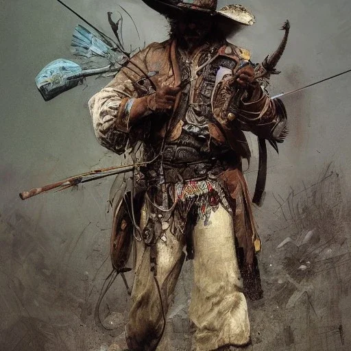 Insanely detailed photograph of an “ a mustachioed cowboy warrior ” with worn Sombrero, worn charo,cigar,crossbow in hand, hyperdetailed painting by Ismail Inceoglu Huang Guangjian and Dan Witz CGSociety ZBrush Central fantasy art album cover art,8K, hdr, mysterious, flickeringlights ,Stoic