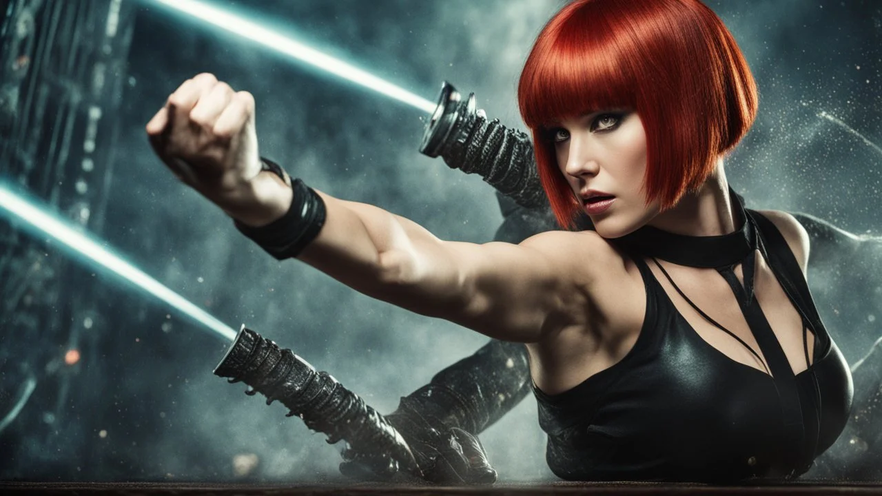 Full-body retro photo of a woman with straight red hair and a Fringe, in a fight with a monster, wrapped in tenacles, in an action pose, sci-fi Background