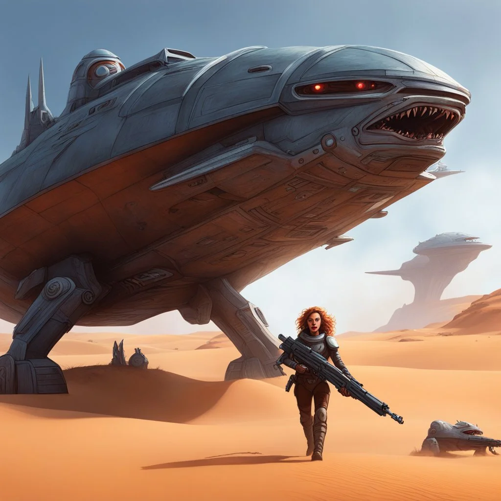 you are a writer of sci-fi novel, start a scene with a Dune-like queen with a heavy gun, chased by a alien monster; the monster head, drooly, drooling, is just behind her in an organic spaceship