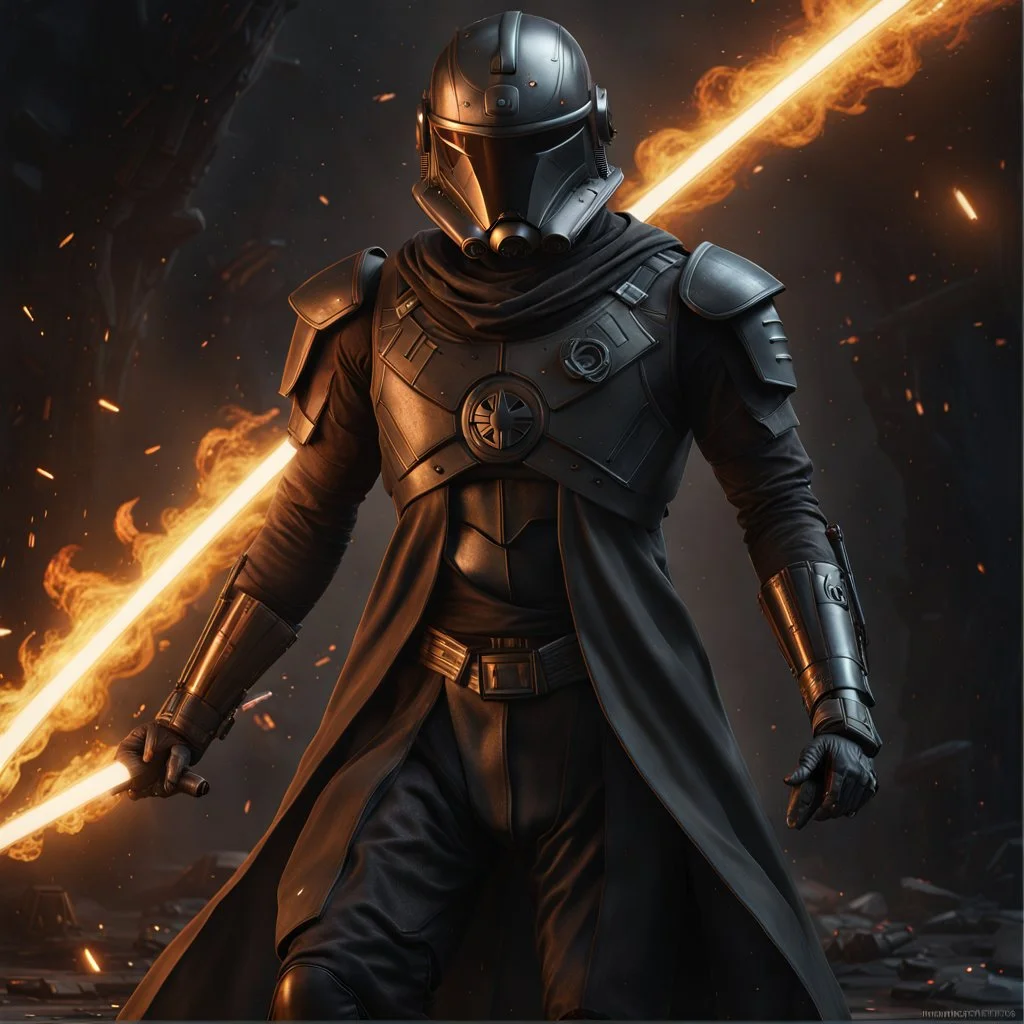 star wars bald male corellian pilot wearing pearlescent black and gunmetal grey First Order special forces heavy assault stealth commando armor and helmet with gold trim inside the jedi temple, hyperdetailed, dynamic lighting, hyperdetailed background, 8k resolution, volumetric lighting, light skin, fully symmetric details