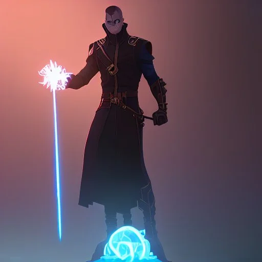 A commander in matte black robes with flaming eyes with flaming light blue pupils stands atop a squire Two infinity gauntlets contain six infinity stones, one of which is made with nano In the hands of a powerful man walking While standing on a majestic height from afar