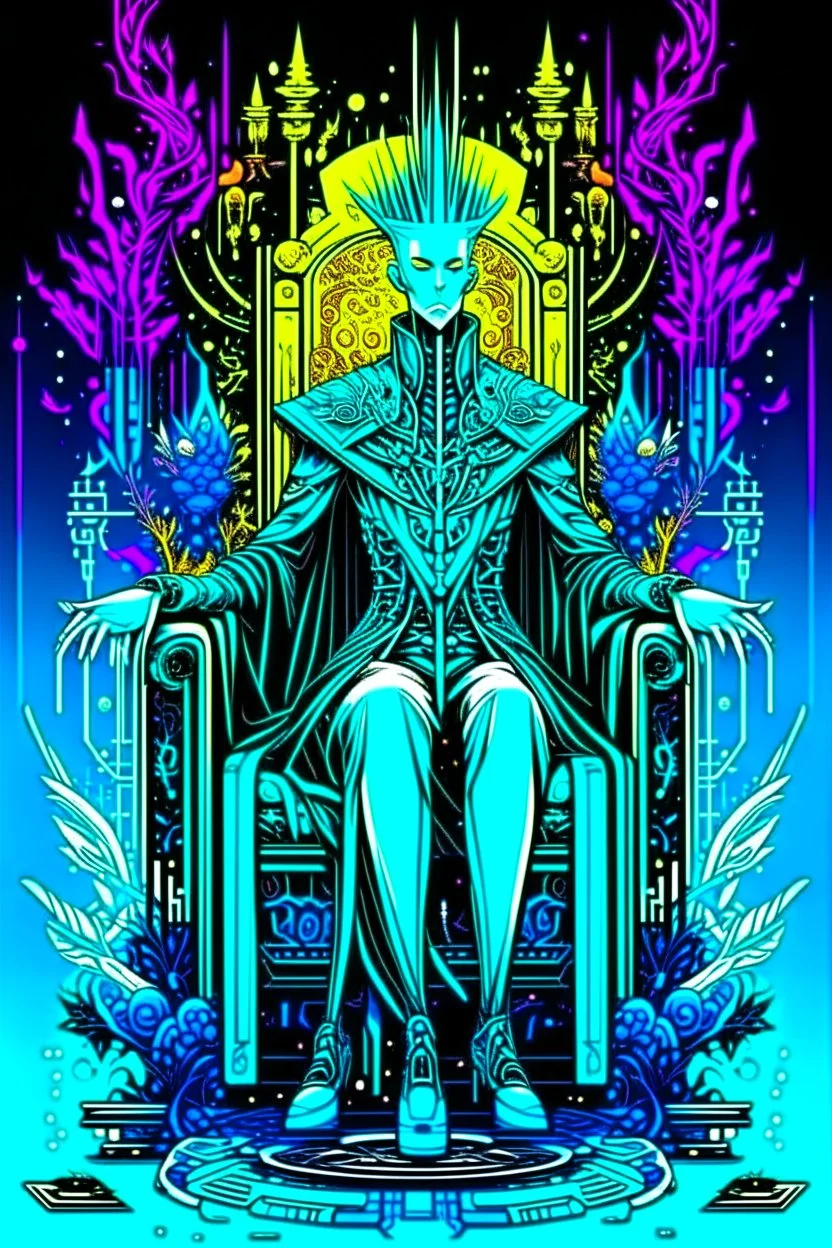 Ilustración lineal arte surrealista estilo Salvador Dalí de un rey Elfo en el trono con armadura cyberpunk, full body, hiperdetallada, increíble obra de arte, colores complementarios, maximalista