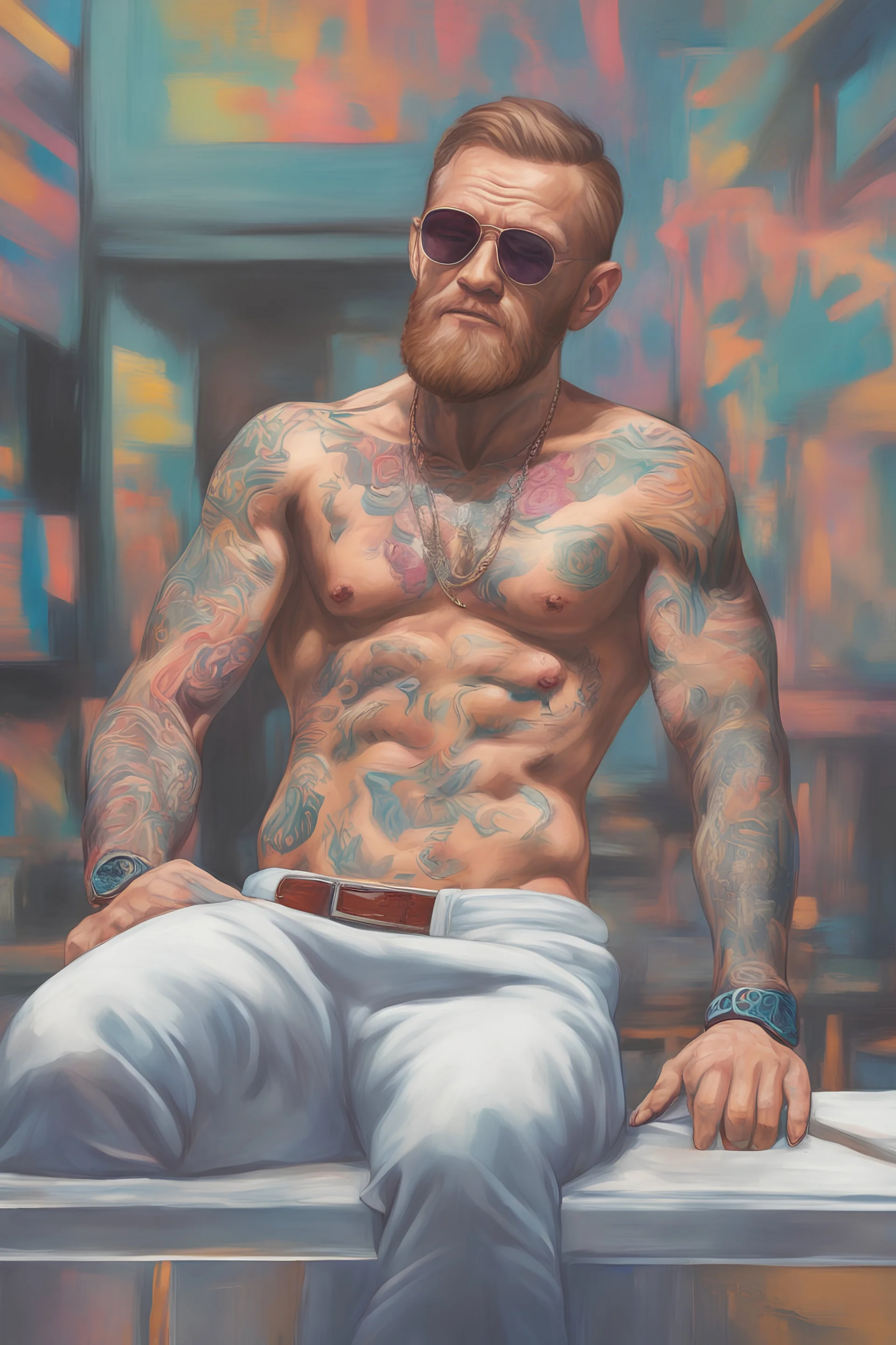 The man who draws GTA VI Miami Vice style Conor McGregor shirtless tattooed Pop Art psychology oil paiting In depth psychology display in the background in the city artgerm display Gustav Klimt style artgerm display in the Miami Vice the 2024th century oil paiting. and the city itself seemed like a big illusion, full of light and shadows GTA VI Miami Vice city the 2024th century