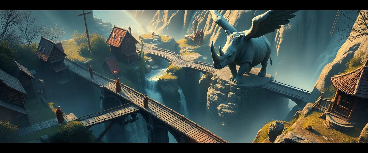 winding bridges in game waterfall and mill labyrinth landscape with houses and fog of war with volumetric light, monks looking up at camera, and big rhino angel blocking bridge