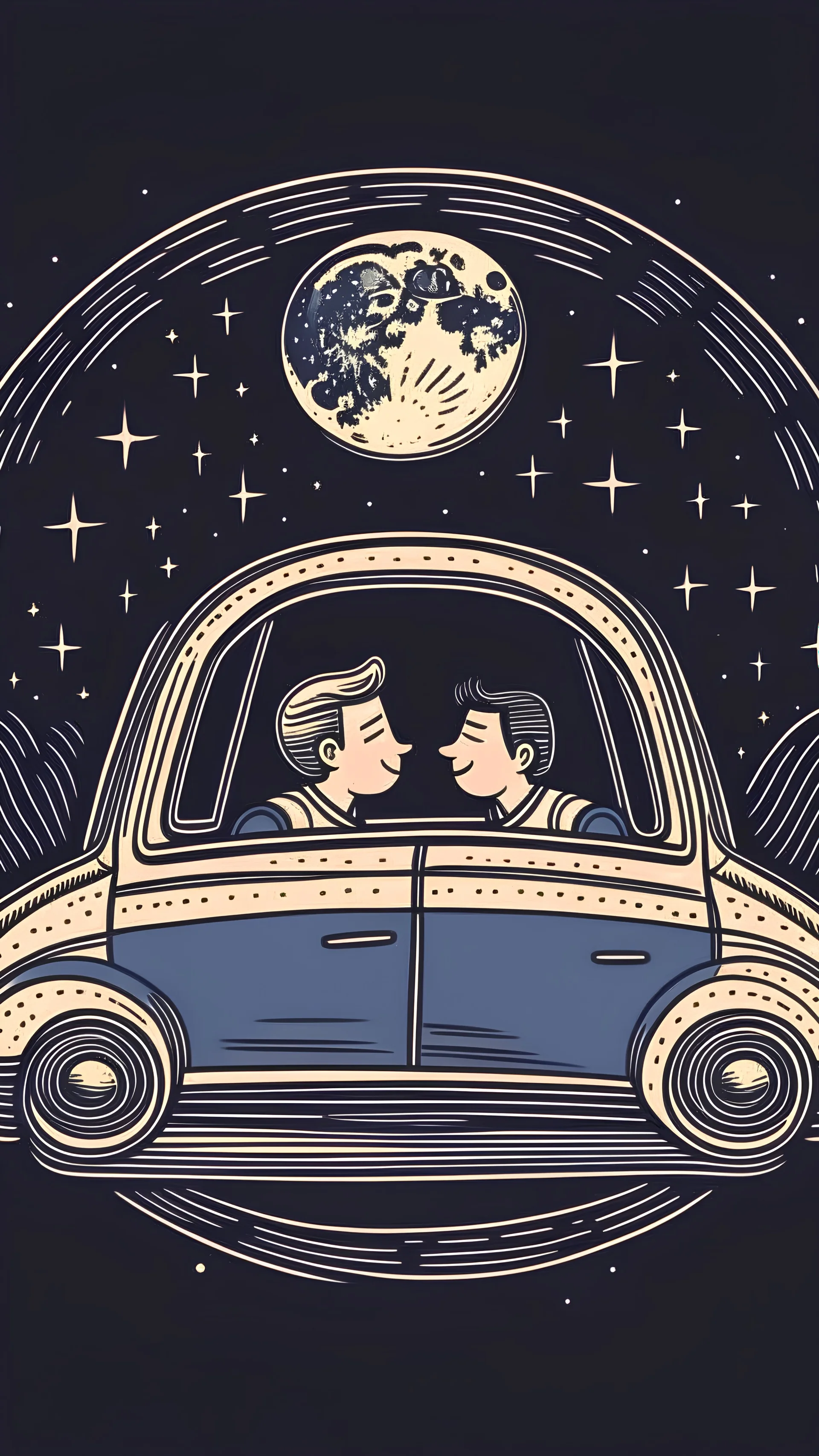 A moon and a star in their car holding hands in the best of times .