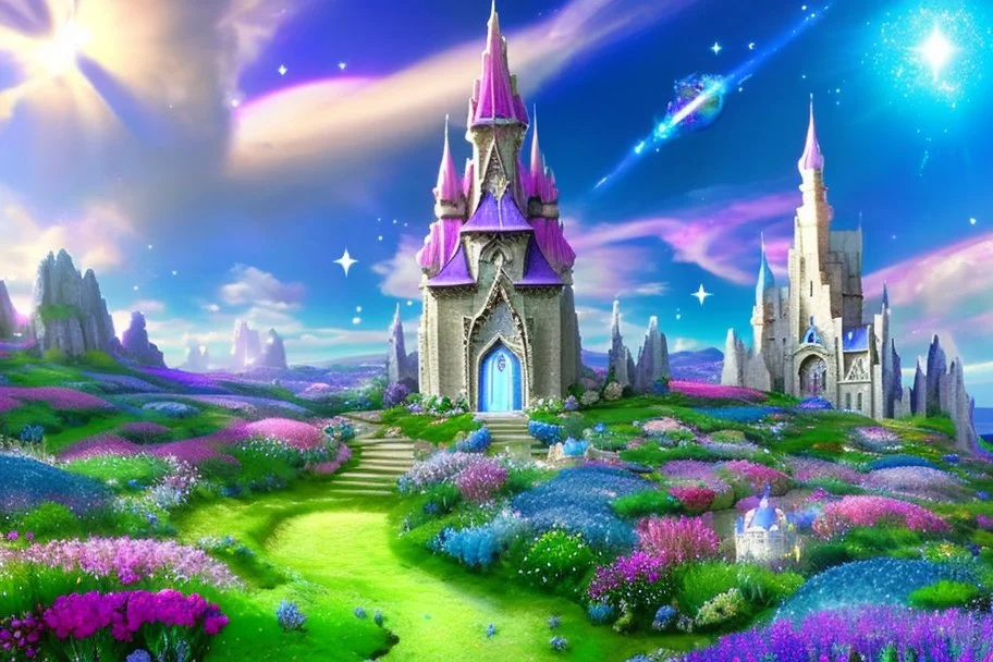 fairy and cosmic landscape with blue grass, magic plants, sky with light and stars. fairy white little castle with diamond. a big with bright spaceship with light