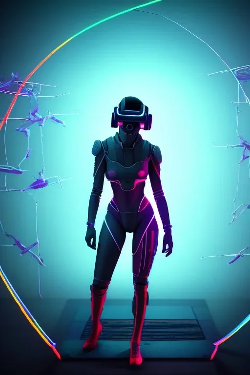 3d, si-fi hunger , far away a girl in the middle, stand on round platform, connected by wires , vr googles, beautifully color coded, super detailed, moody lighting, volumetric lighting, night time, glowing veins, mass effect