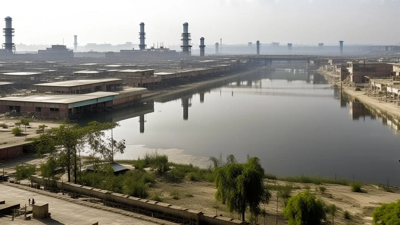 A modern view of Khambhat, showcasing its industrial sector with factories, workers, and the skyline reflecting economic growth.