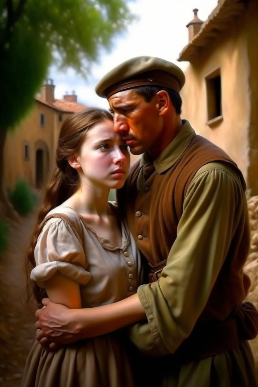 Oil painting of a soldier who fell in love with a very beautiful village girl Photorealistic