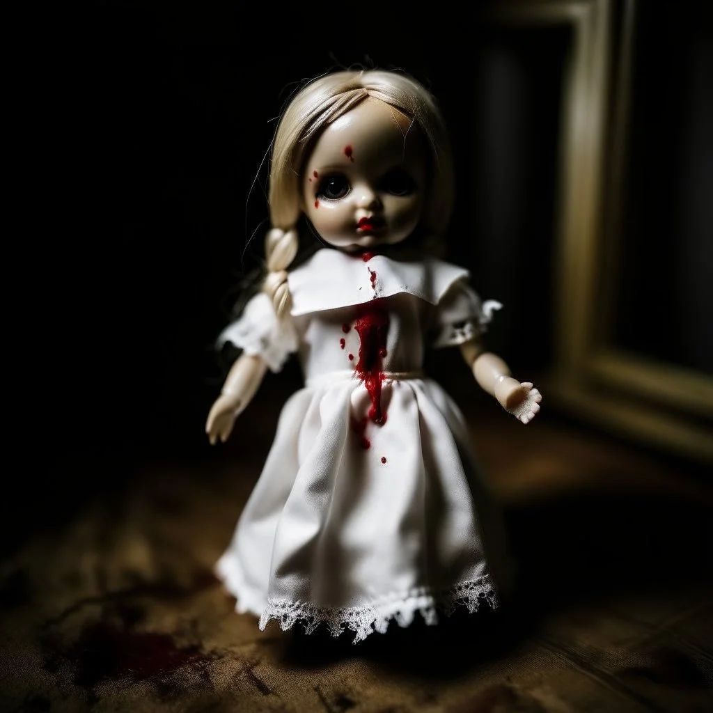 A girl's doll wearing a white dress with red blood bleeding from the back