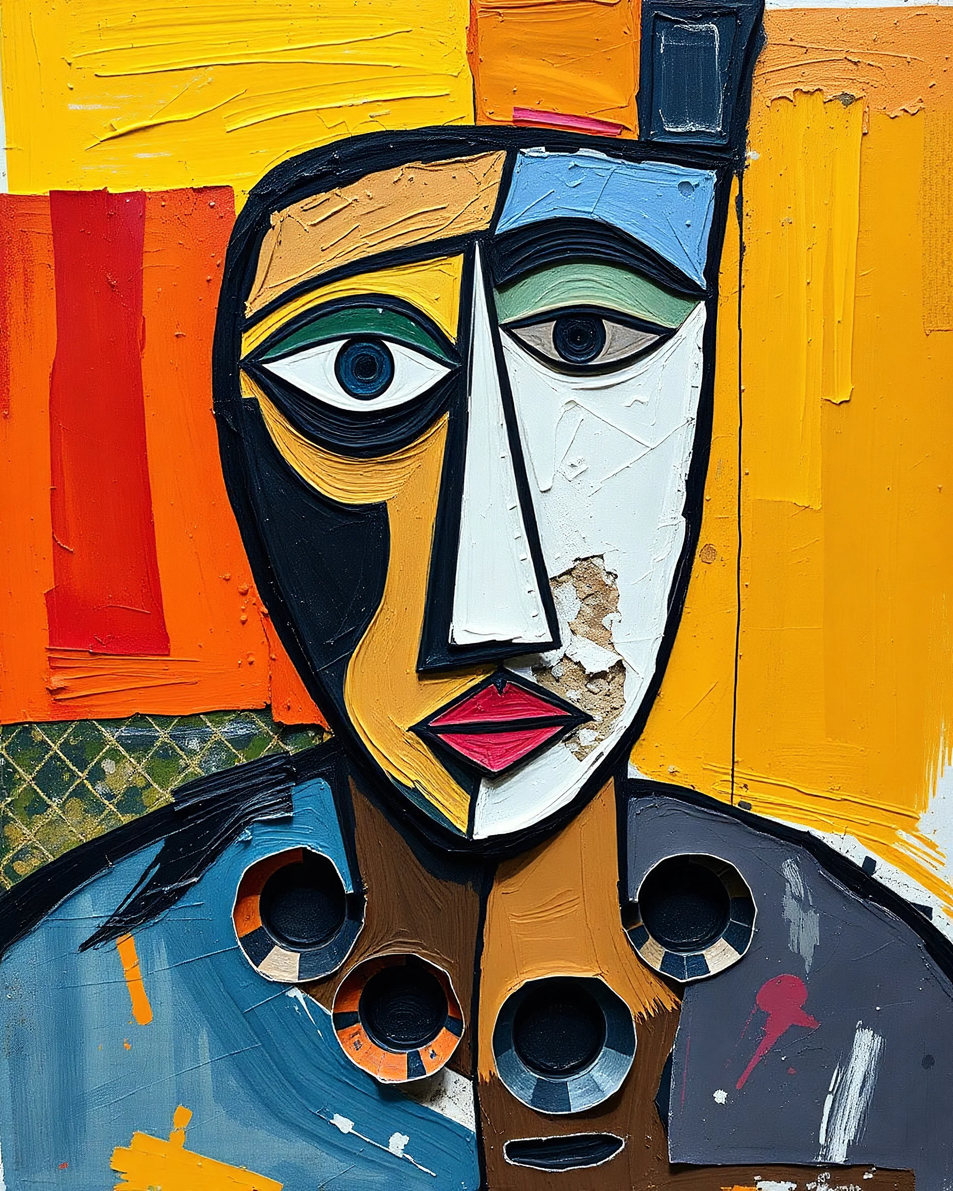 analogue collage (110 x 80cm) " a striking abstract cubist Picasso style design with face strings tape brightly colored impasto oil paintings.one eyes white a head two curved. Cubism breaks objects into geometric shapes. resting on a body holes hexagon, expressive brushstrokes bring depth and texture to the art, capturing a subtle yet bold presence" Hundreds of photos, creating a sense of depth and calm with scissors and glued onto collage board.