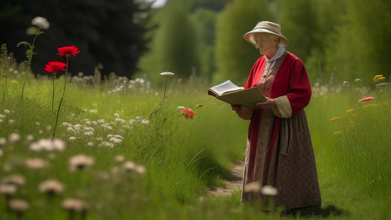 An elderly peasant woman, seen in full body, wearing clothing appropriate to her work, is reading a letter outdoors. She is standing and holding a red umbrella, and is in a field of grass and flowers with many trees in the background.