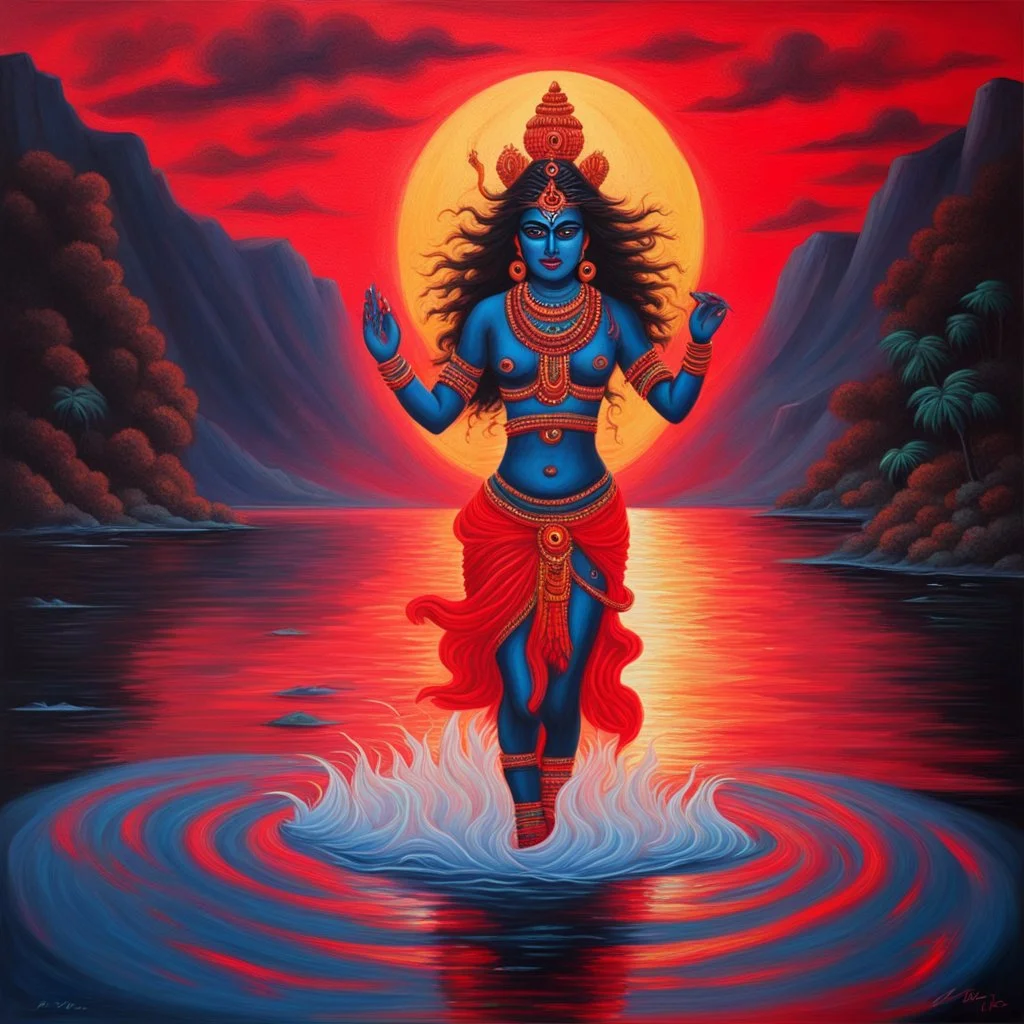 An oil painting of goddess Kali crossing a lake neon red colors