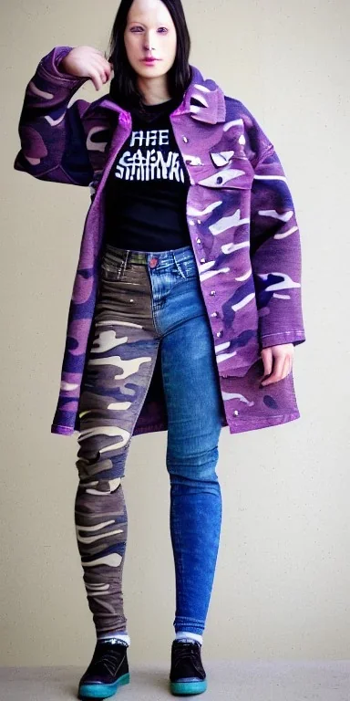 Model, woman. sérigraphie on denim with purple, lilac, forest green and crimson red colors. Camouflage patterns are screen printed on denim. Woman in her 30's. thick thighs, thick calves, flat belly, wide hip. Mantle made of recycled Denim by sewing. Sewed camouflage patterns together. Big bright purple and blue felt pieces makes mantle, which is merged with satchel. purple tippet and cream-colored-hood. AKG headphones is merged with small felt cap with small visor. Haute Couture 1990's