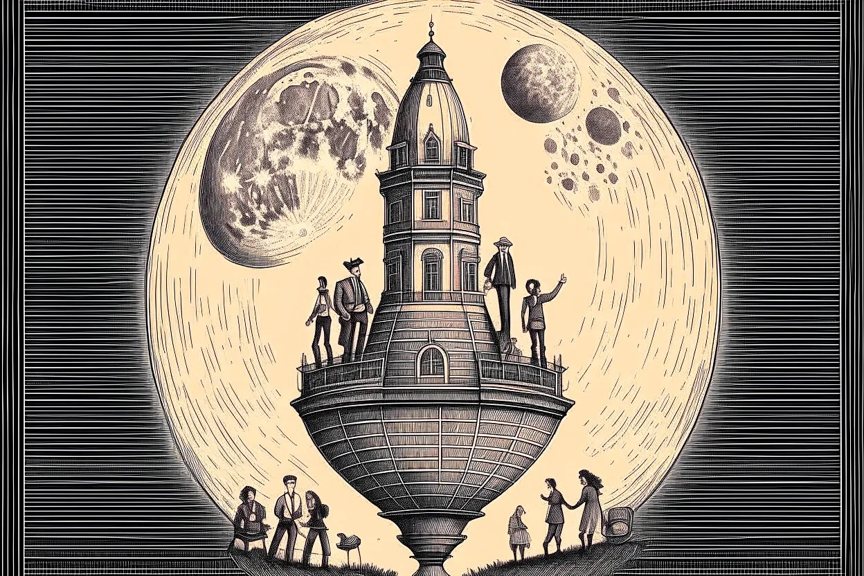 1800's art style, people on top of a rocketship to the moon