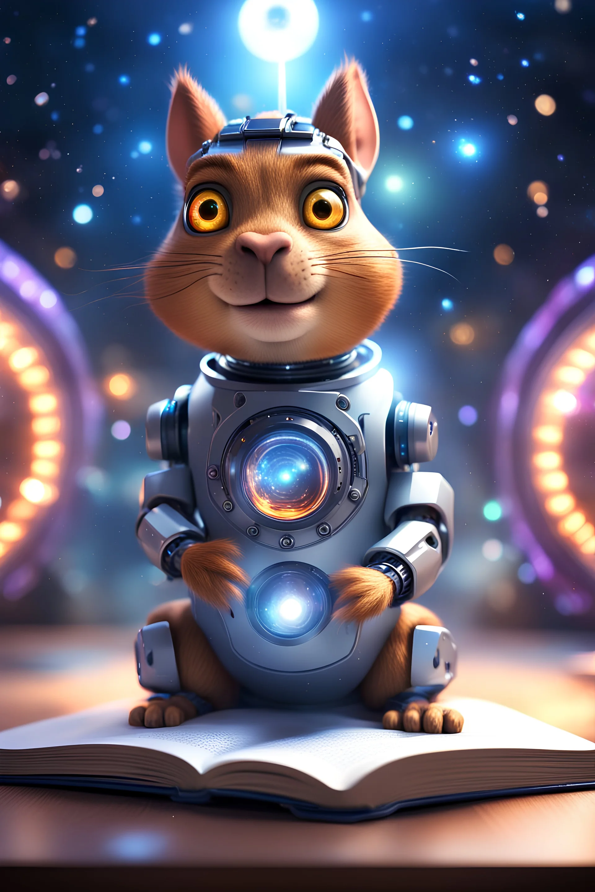 Robot hypnosis survivor at 1hit.no,book cover illustration, portrait of ultimate transcendent happy chat squirrel gremlin cat space hippo horse with spotlights, in front of space portal dimensional glittering device, bokeh like f/0.8, tilt-shift lens 8k, high detail, smooth render, down-light, unreal engine, prize winning