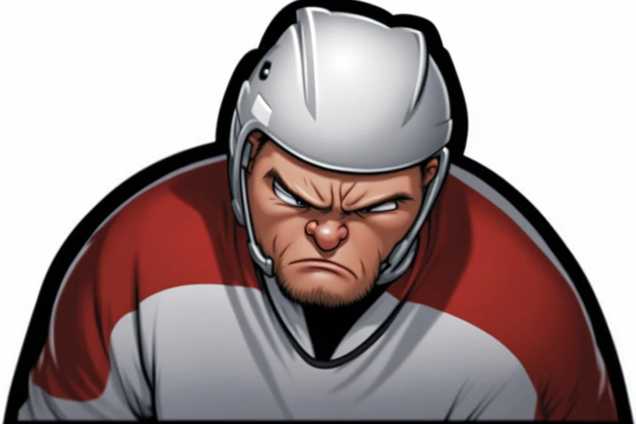 calvin angry pouting with head down wearing a hockey helmet, vector line art cartoon
