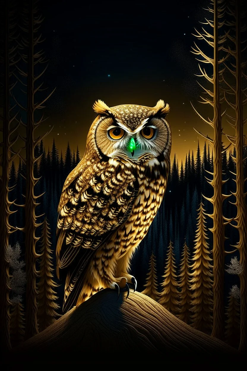 A captivating and mesmerizing 3D render of a striking minimalist silhouette of an owl, transformed into a nighttime scene. The owl's body is filled with a warm golden hue, representing a starlit sky and a radiant full moon. The center features a delicate, flying bird, symbolizing the owl's spirit. Beneath the owl, a serene landscape of pine trees and a resting owl unfolds, creating a sense of tranquility and harmony with nature. This enchanting illustration masterfully blends elements of wildlif