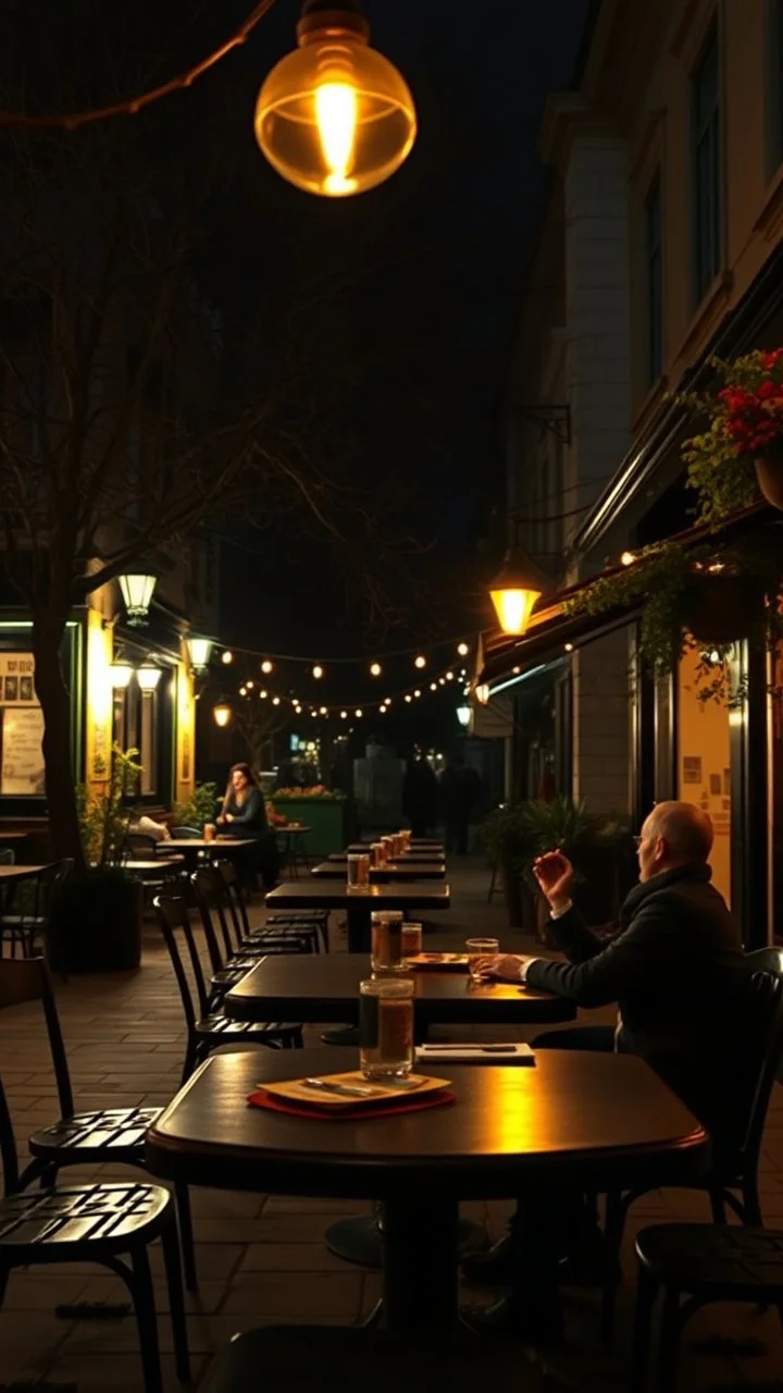 Cafe table outside with at night with dim lights on the tables in the style of vincent van Gogh, without people and animals only a couple lovers