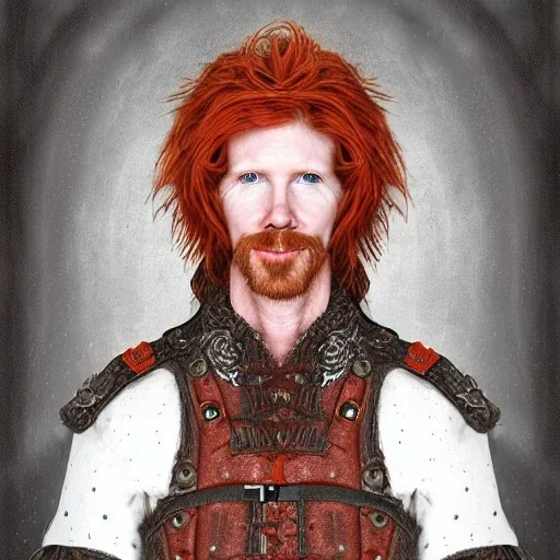 Portrait of young Courtney Gains as a ruggedly handsome, joyful, roguish pirate, charismatic, attractive male, masculine, perfect, precisely detailed clear eyes, unblemished, flawless skin, softly freckled face; meticulously detailed multi-hued ginger carrot-colored cherry fire red hair; fantasy, intricate, elegant, highly detailed, digital painting, concept art, matte, sharp focus, illustration, art by artgerm and greg rutkowski and alphonse mucha