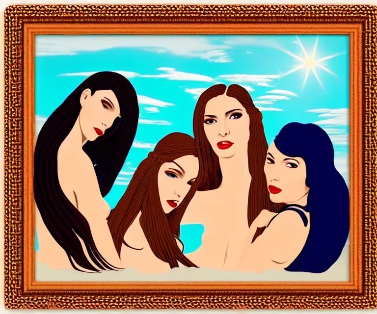 Very sensual gorgeous 3 women "Las tres gracias" Post modern art. 3 young white woman brunette hair maiden dressed in blue posing sensually with plaits,In and out of an empty surreal picture frame. Background a desert, sunshine beams divine bright soft focus holy in the clouds steampunk engine.