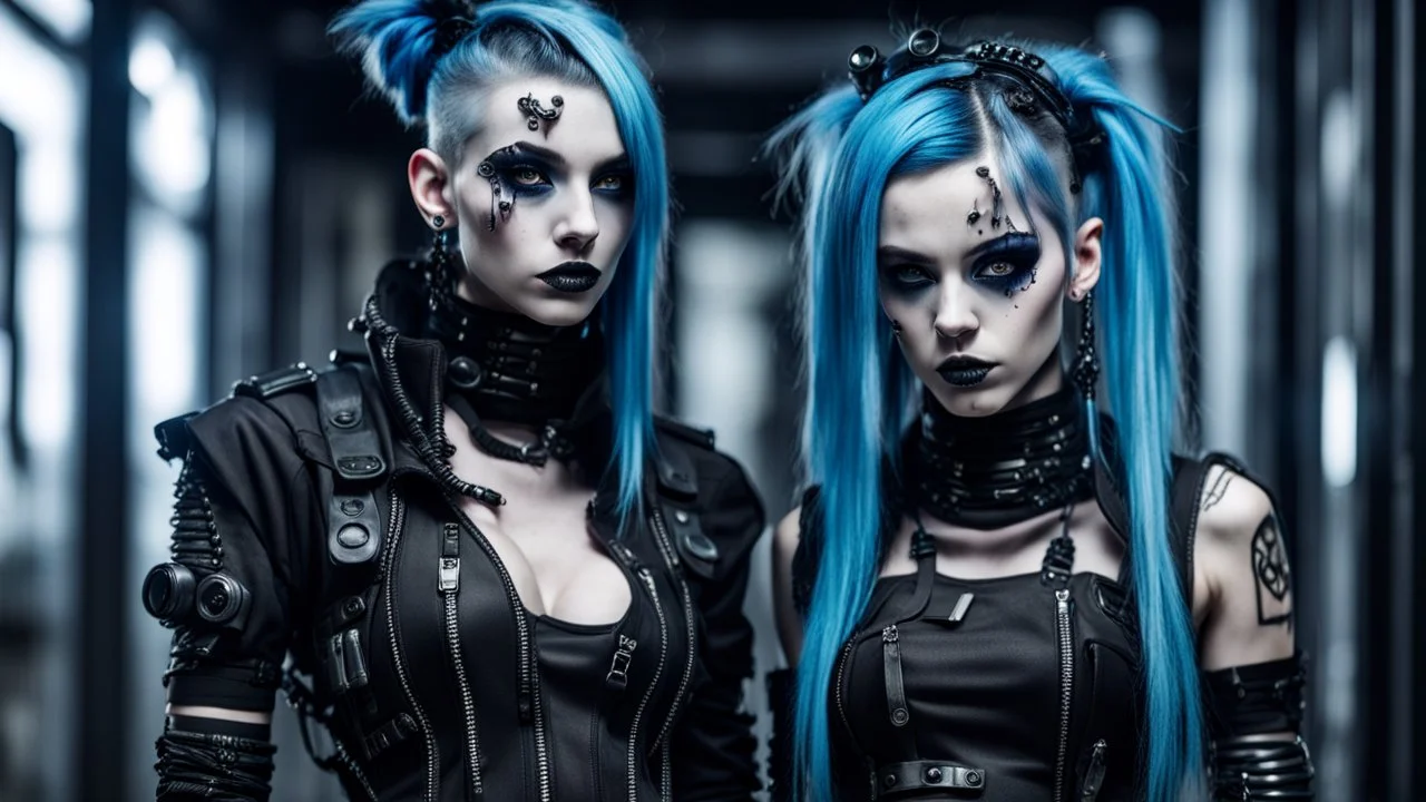 Cyber goth fashion, women and men in cyber goth clothes perfect realistic faces, full body, High detailed, sharp focus, looking at the camera, cinematic, masterpiece, high realistic, fashion photo