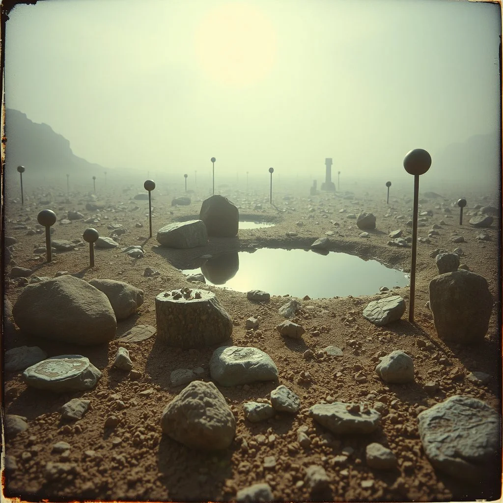 A striking quality close-up polaroid photograph captures a surreal wasteland with odd stones, pond, odd spindle-shaped objects, spooky, obsessive, paranoid, intricate, creepy, details of the dust very accentuated, glossy, organic, adorned with minerals and rocks, fog. Bathed in feeble light, eerie, black sun, fog, volumetric light, octane render