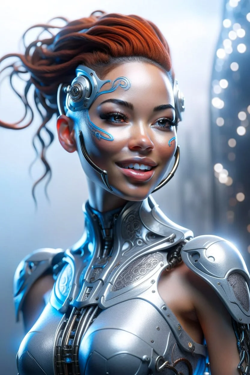 Cyborg female evolving | concrete floor | detailed | fine art | highly detailed | smooth | sharp focus | ultra realistic | full body portrait view, Mysterious,blue metal, smile