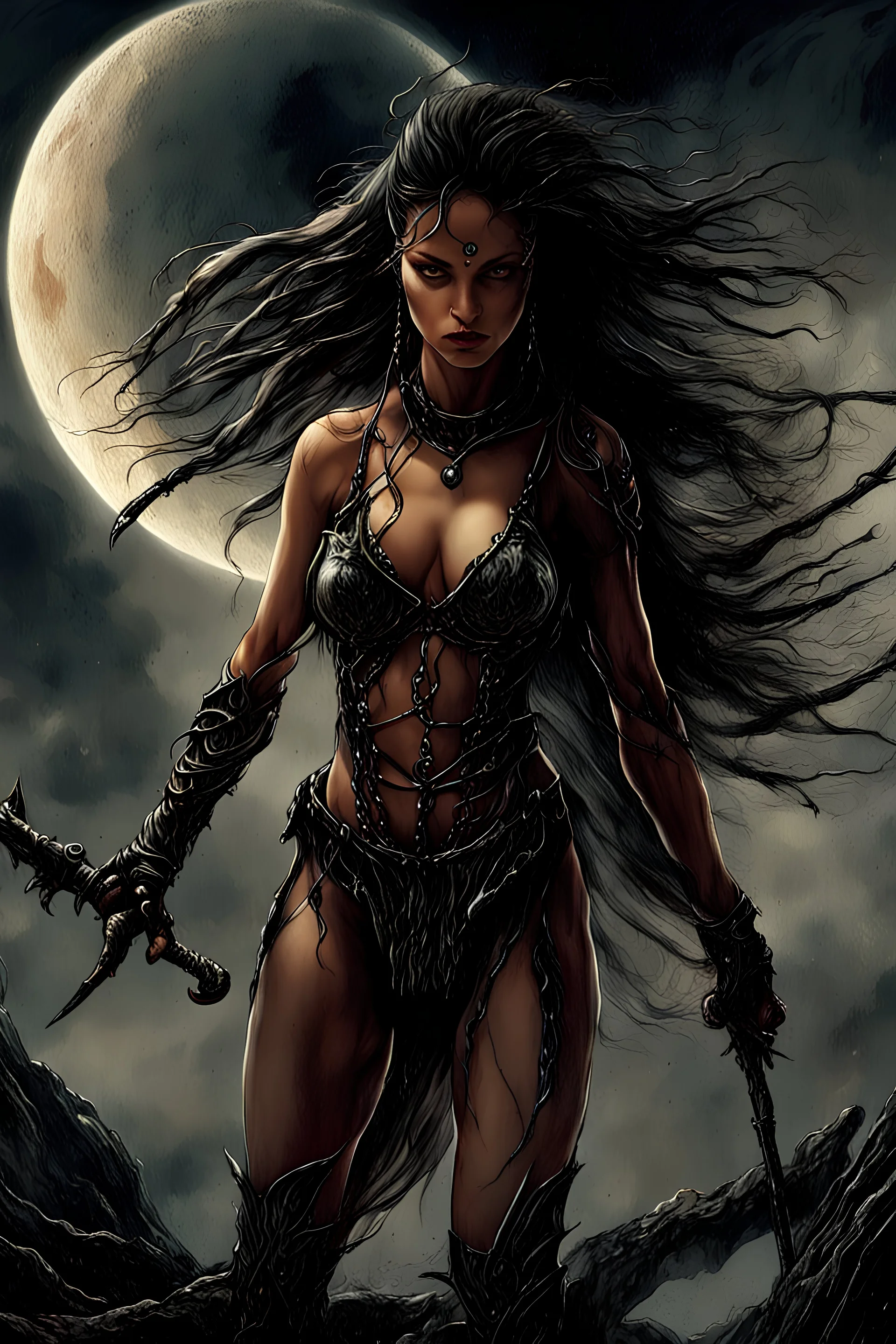 A dramatic digital painting portraying a warrior girl under the Moon, veins pulsing, claws of temptation visible, soul in turmoil. In the style of Luis Royo and Boris Vallejo and Giger, vivid colors, swirling brushstrokes, highly detailed, 8k resolution, surrealistic., juicy emotions, painting, gloomy fantasy, gloomy day, dark world, portrait, oil and graphite, wide strokes, a weaving frame around, by Ryohei Hase, Agnes Cecile, Raymond Swanland, Anne Bachelier