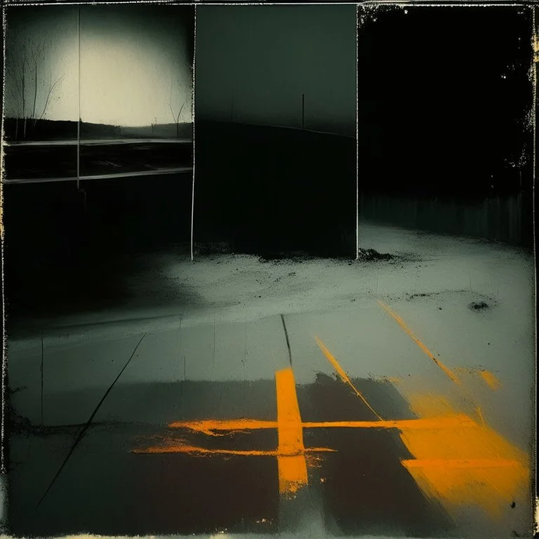 Minimal abstract oil paintings of a desolate 1960s carpark. Illuminated by a coral orange spotlights. On the floor are concrete fragments and road markings . In the dark mysterious style of Justin Mortimer and Francis Bacon.