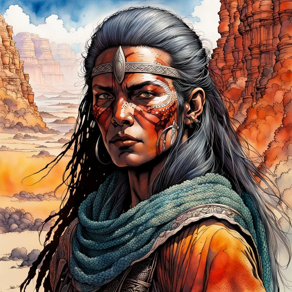 create an ink wash and watercolor portrait of a female nomadic tribal mercenary with highly detailed, delicate feminine facial features, inhabiting an ethereal tropical canyon land in the comic book style of Jean Giraud Moebius, David Hoskins, and Enki Bilal, precisely drawn, boldly inked, with vibrant colors