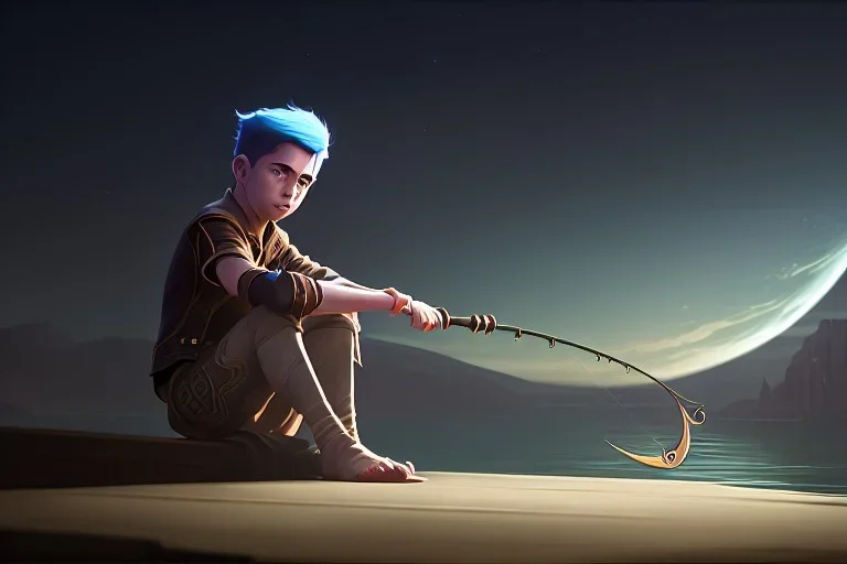 An extremely detailed, exquisite painting of boy sitting on a crescent moon fishing surrounded by the entire universe