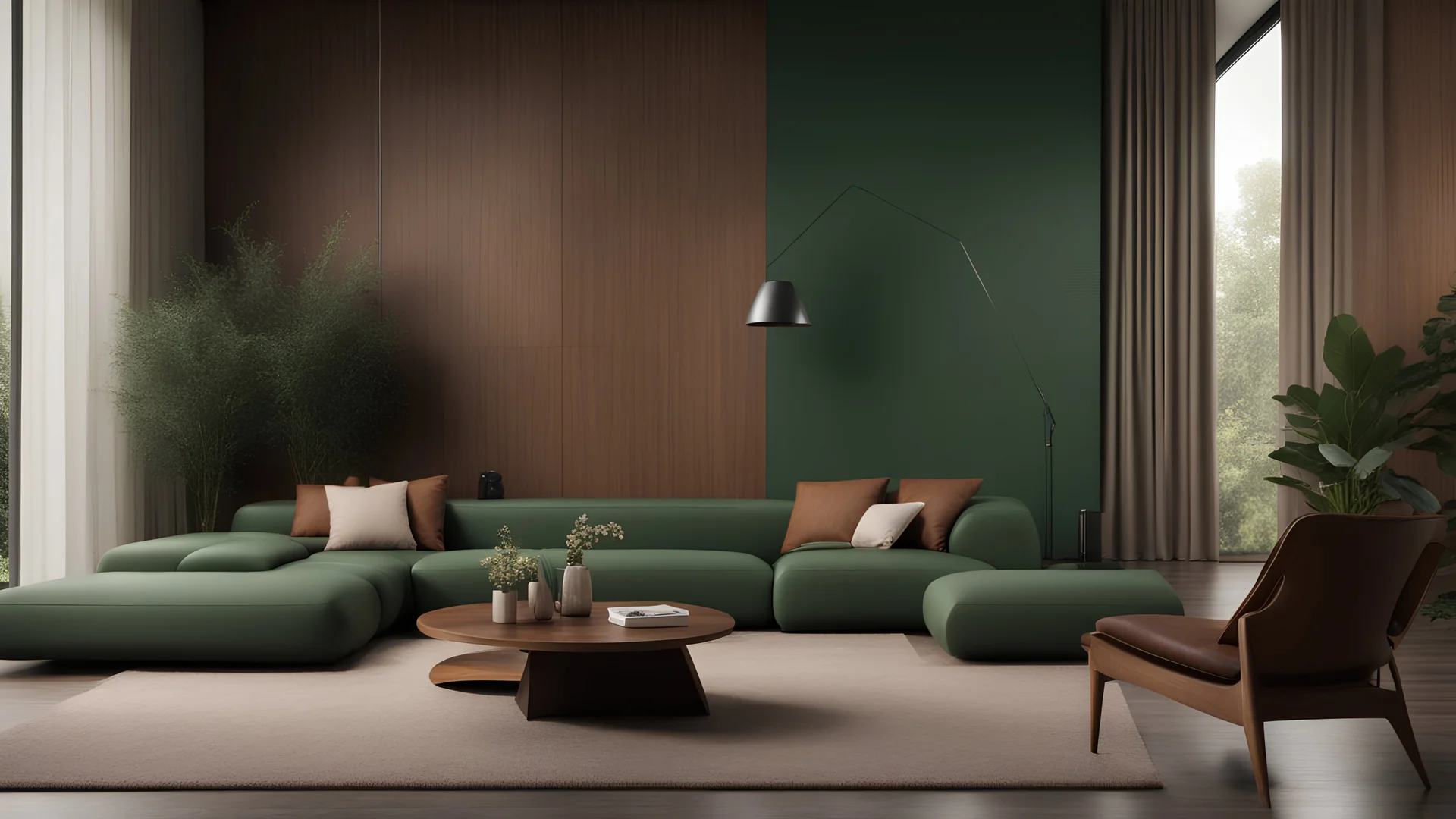 Sala grande moderna e minimalista, parede verde mate,madeira, sofá castanho escuro em pele, lareira,Janela grande com cortina, planta, jardim exterior