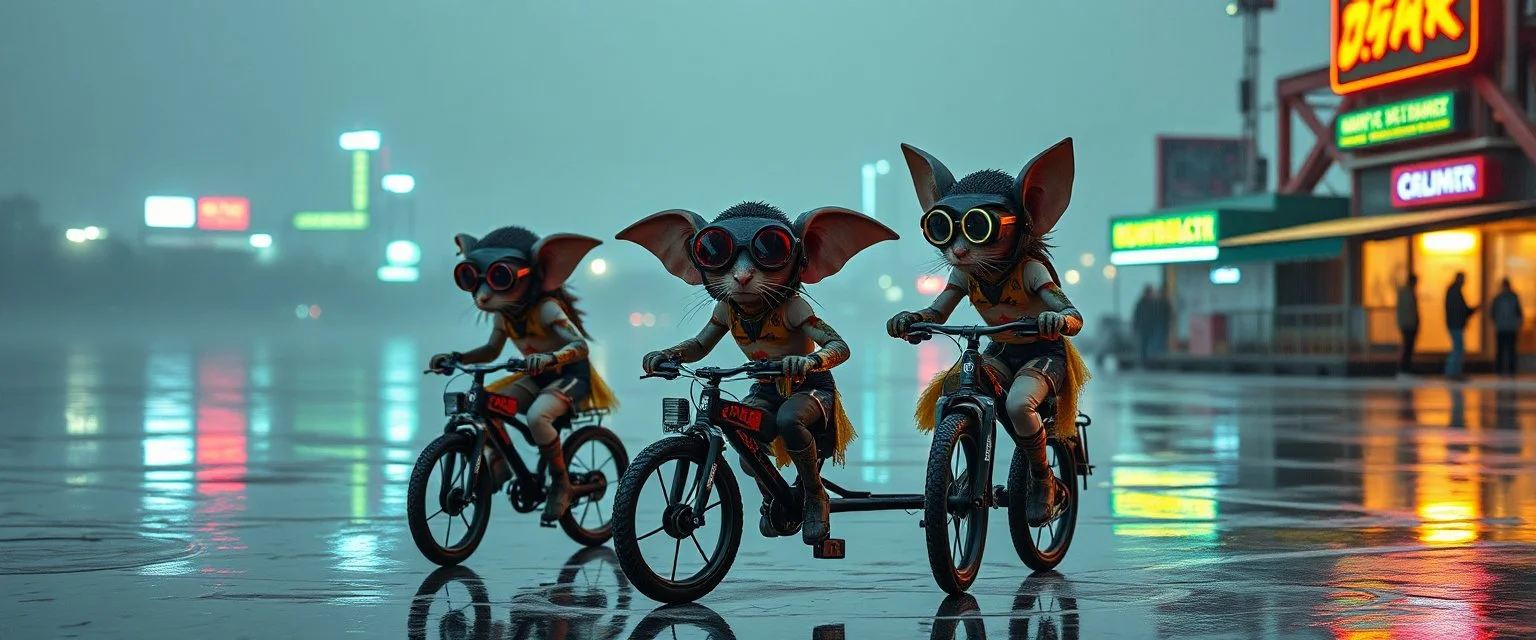 girls with glasses and ticks, cyberpunk imagery synchronized mechanical gremlin rat bat drumming kit trike flickering stable core, wet reflective salt flat city