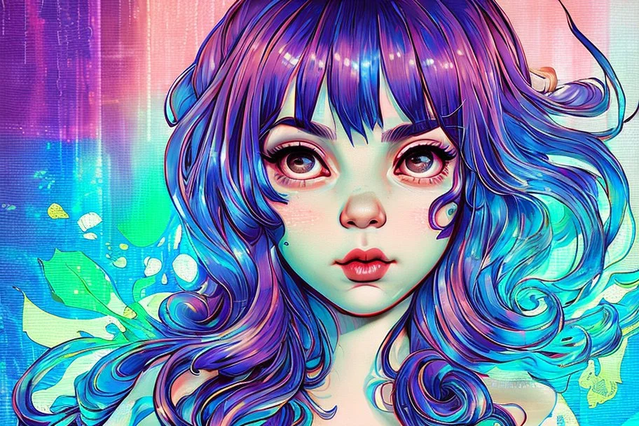 singer Melanie Martinez face, beautiful cyberpunk huge girl, hyperdetailed, illustration by Katsushika Hokusai, darkblue tones,