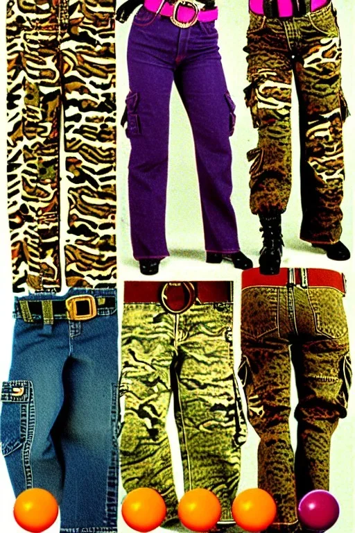 year 1997 denim fashion, Techno, "combat pants", cargo, Loose fit, low waist, baggy. Colors: denim blue, blue, purple, khaki, light green, lilac, plum, orange, terracotta, red, pink, dark blue, beige. Patterns: lynx, balls, stripes. lynx belt. Something between camouflage and cheetah prints. Women models. Sharon Stone, Sandra Bullock, Winona Ryder, Milla Jovovich, Big tennis shoes on. Latex in small part, areas, clothes..Combat pants. Leg warmers.