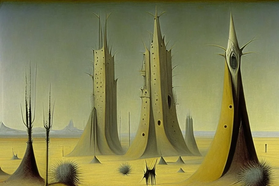 Mysterious towers in a desert landscape by artists "Leonora Carrington" and "Max Ernst"