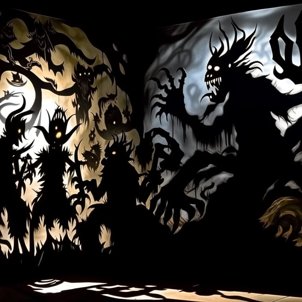 A black dark demented dimension with shadow monsters designed in Javanese shadow puppets painted by John Singer Sargent