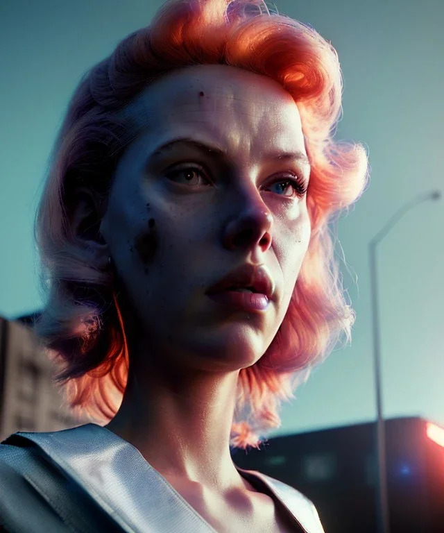 retro sci-fi portrait image from 1990, supermarket parking explosion, fire, scared people, blonde woman walking, young Scarlett Johansson face, tight latex suit, soft color, highly detailed, unreal engine 5, ray tracing, RTX, lumen lighting, ultra detail, volumetric lighting, 3d, finely drawn, high definition, high resolution.