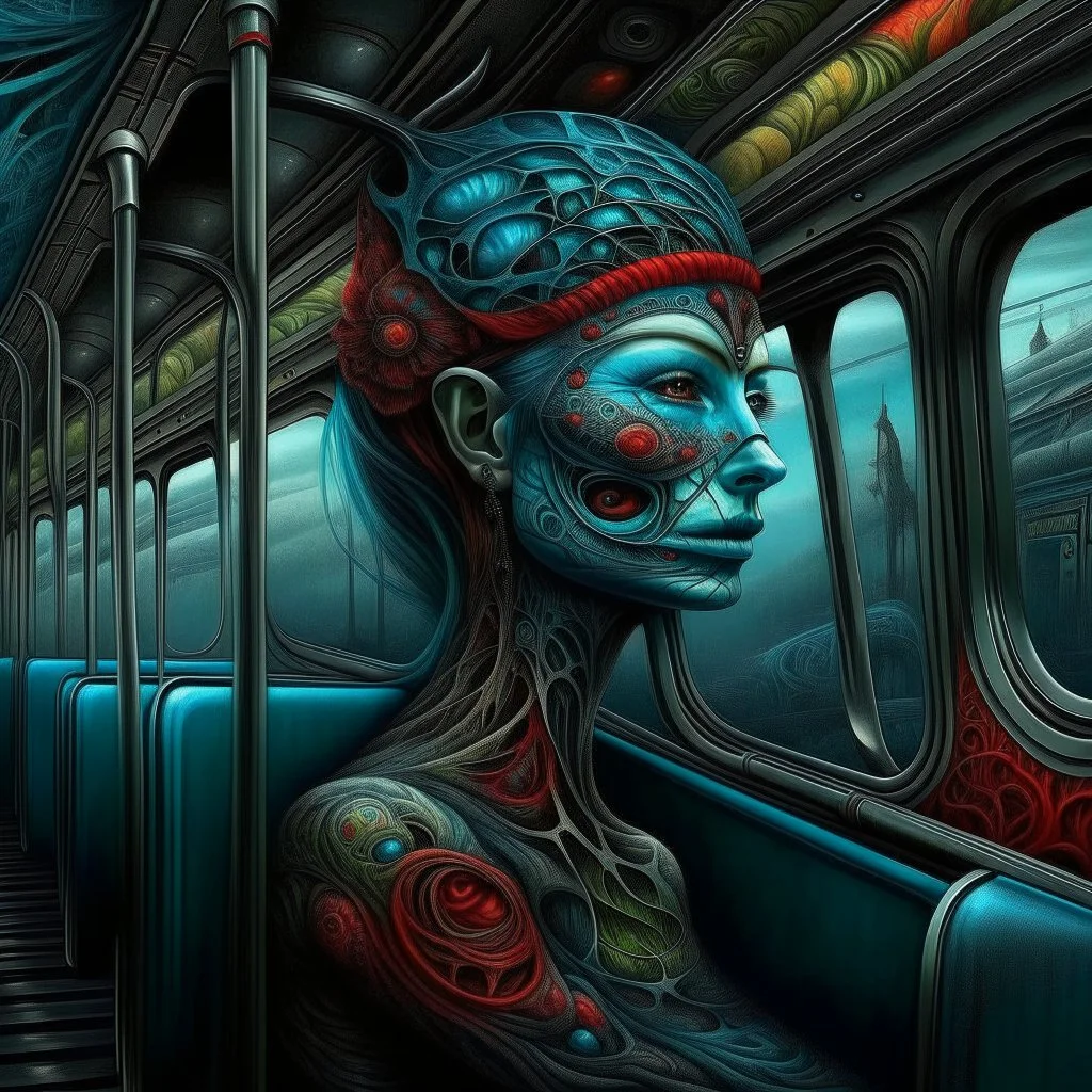 Damnation is back in style, take a ride with us on the Black Bus, sinister but beautiful, neo surrealism, psychedelia hallucination, by Igor Morski, color pen illustration, sharp smooth composition.