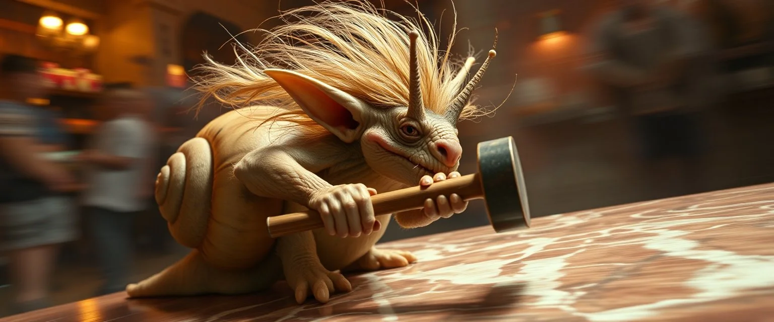 hårete gremlin player hurtig snegle med vind i håret på fest med stor slegge aker ned sklie av marmor malt av Rembrandt, motion blur background