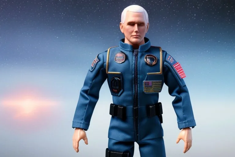 Mike pence G.i. joe toy doll space force uniform in a clear clamshell package hanging on rack in toystore