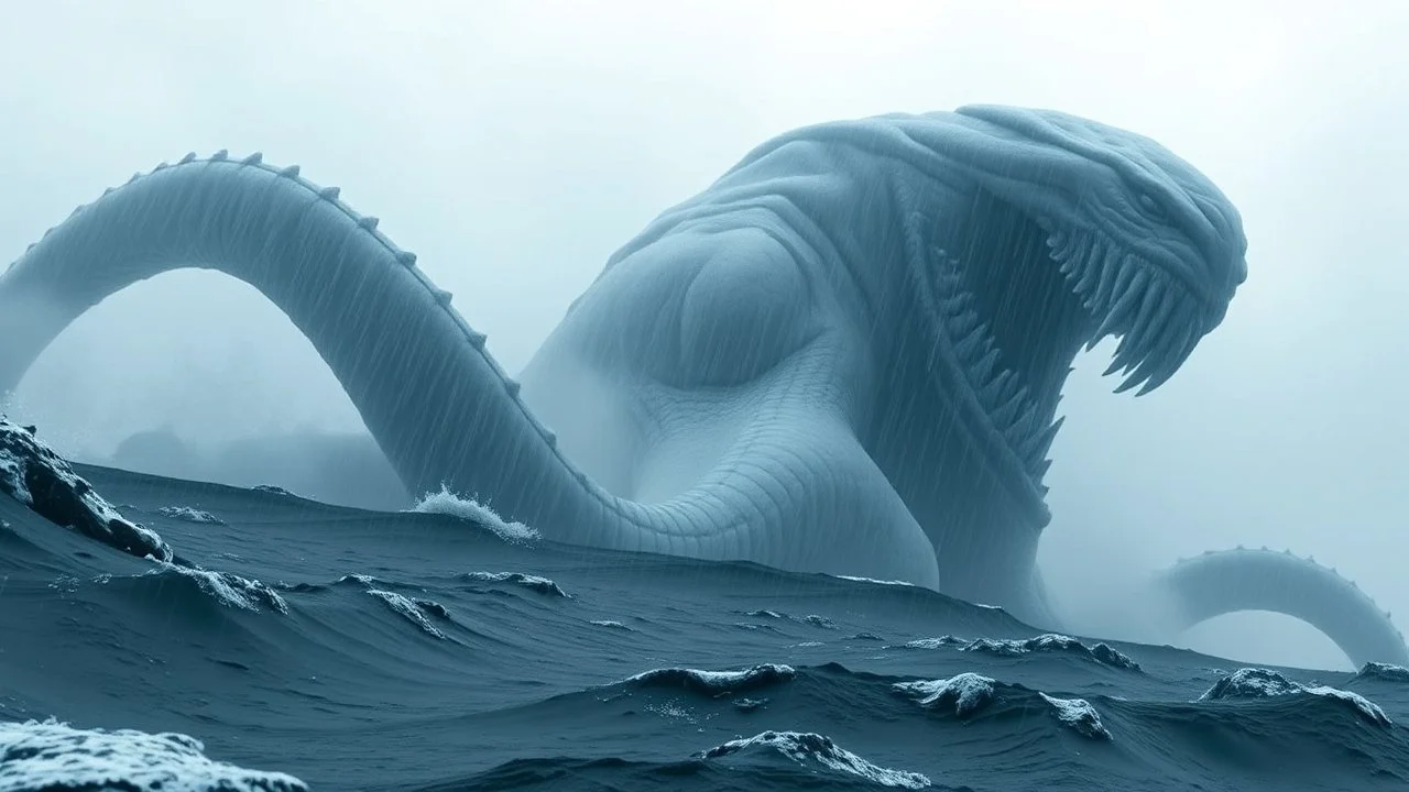 cthulhu rising from the ocean, huge sense of scale, enormous creature, overcast day, heavy rain, wide angle lens, 3D studio max, wildlife photography, realism